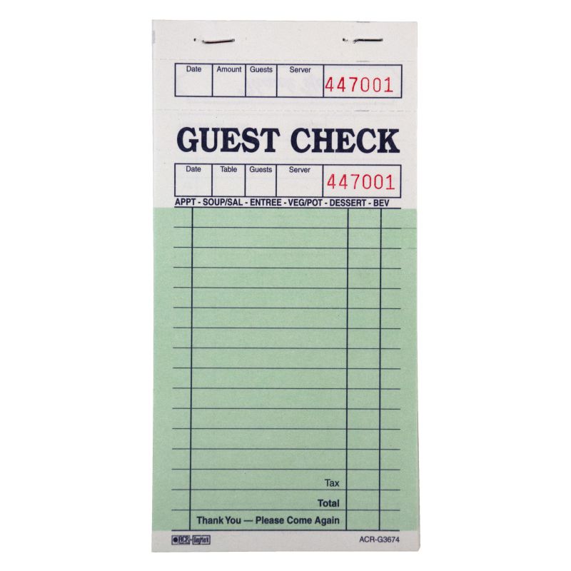 GUEST CHECK SINGLE COPY GREEN