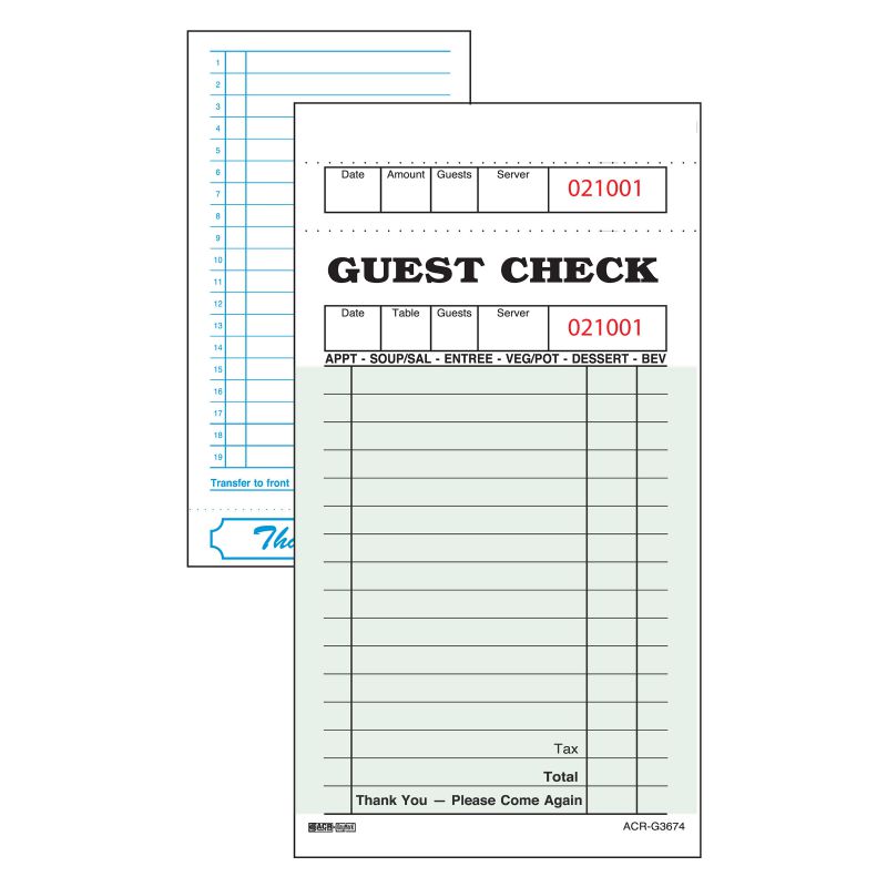 GUEST CHECK SINGLE COPY GREEN