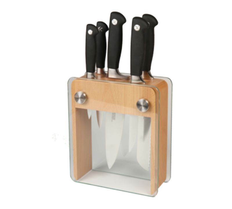 KNIFE BLOCK SET 6 PC GLASS & WOOD